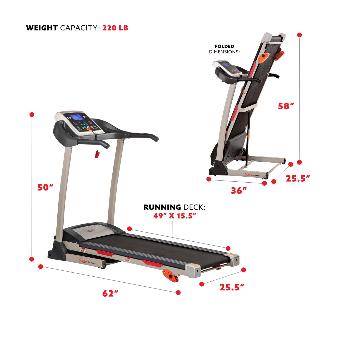 Sunny Health & Fitness Cinta de Correr Inclinada Plegable Premium con Sensores de Pulso, Botones de Velocidad de un Toque, Absorción de Impactos, Bluetooth Opcional con Aplicación Exclusiva SunnyFit